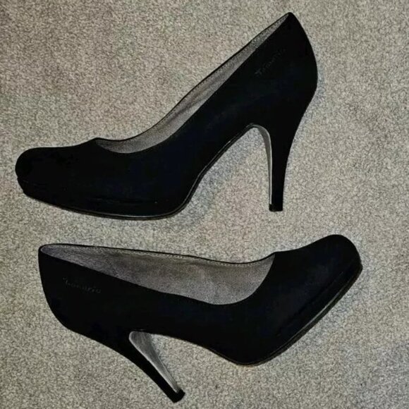 NEW LADIES TAMARIS BLACK SUEDE PLATFORM HEEL COURT SHOES SIZE 38 - Picture 1 of 3